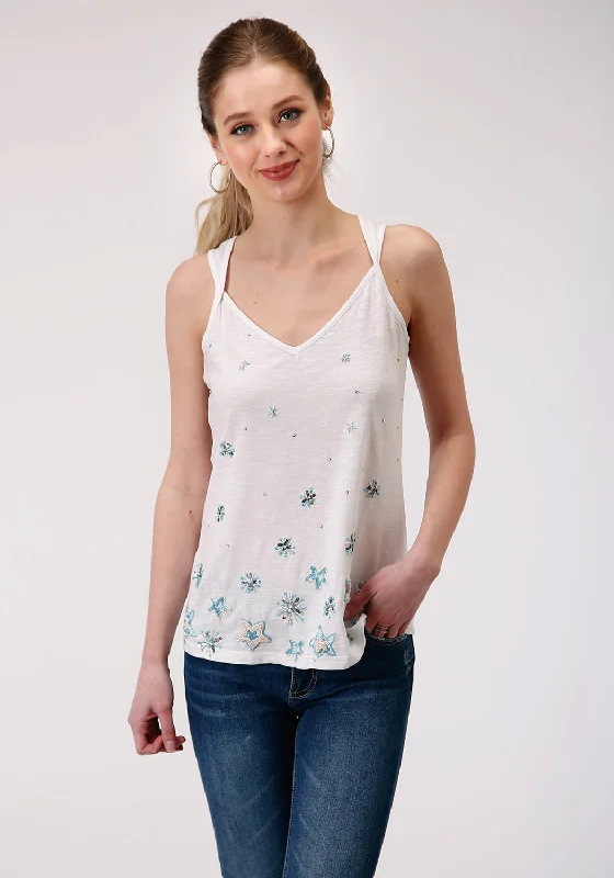 Roper Womens White 100% Cotton Beaded Stars S/L Tank Top