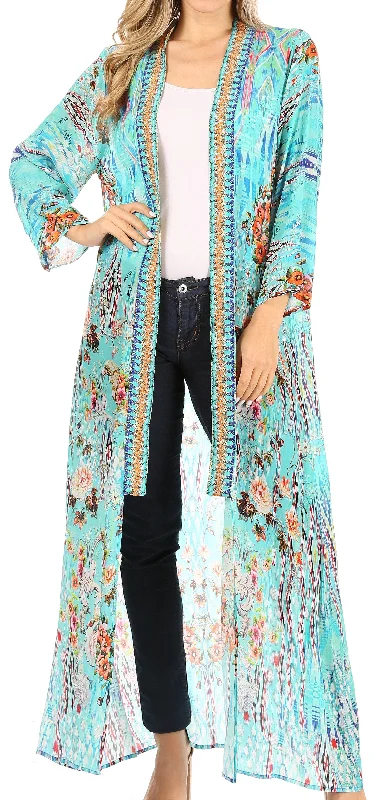 Sakkas Iona Women's Casual Boho Long Kimono Cardigan Open Front Floral Print Loose