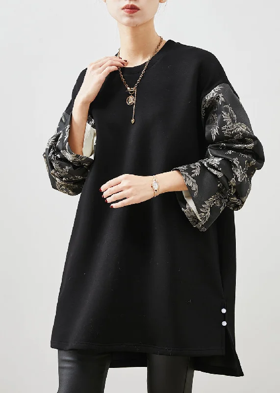 Simple Black Oversized Patchwork Print Cotton Dress Spring