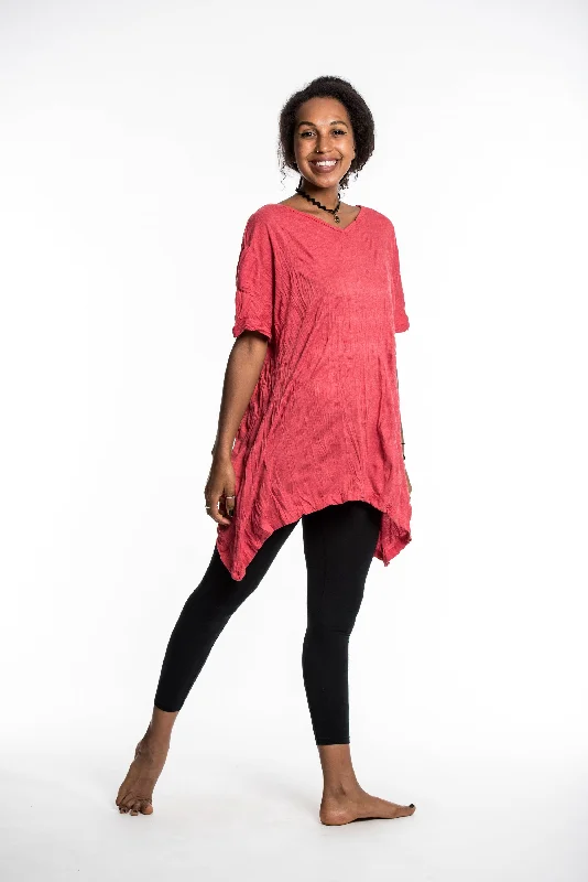 Womens Solid Color Loose V Neck T-Shirt in Red Zippered Front Buttoned Front Snap Front Womens Solid Color Loose V Neck T-Shirt in Red Zippered Front Buttoned Front Snap Front