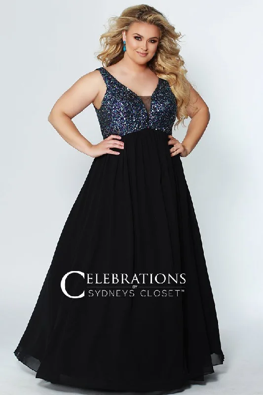 Sydney's Closet CE1813 Sequin A Line Plus Size Prom Dress V Neck Evening Gown