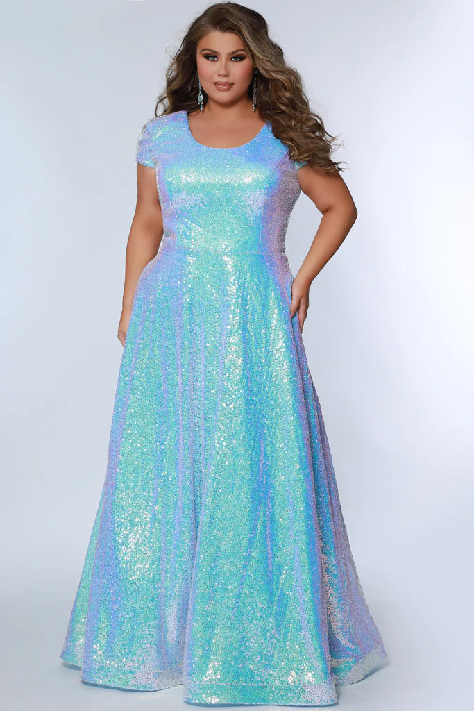 Sydney's Closet SC7348 Scoop Neckline Prom Dress A line Evening Gown Cap Sleeves Sequins