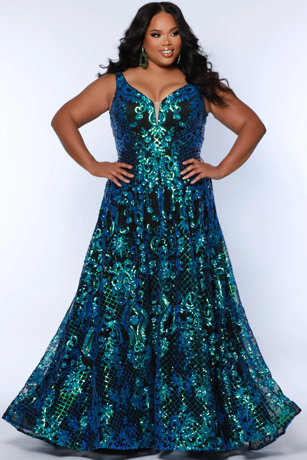 Sydneys Closet SC7367 Long Prom Dress  Plus Size Sequin V Neck Pockets Train Formal Gown