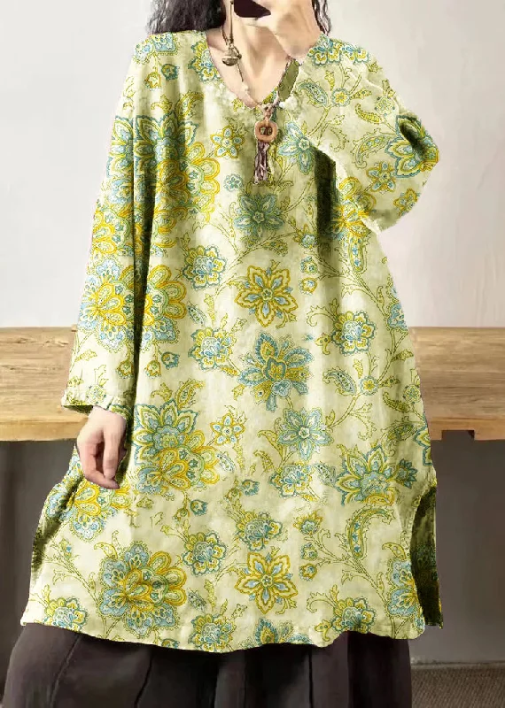Vintage yellow flower V Neck Embroidered Patchwork Linen Mid Dresses Fall
