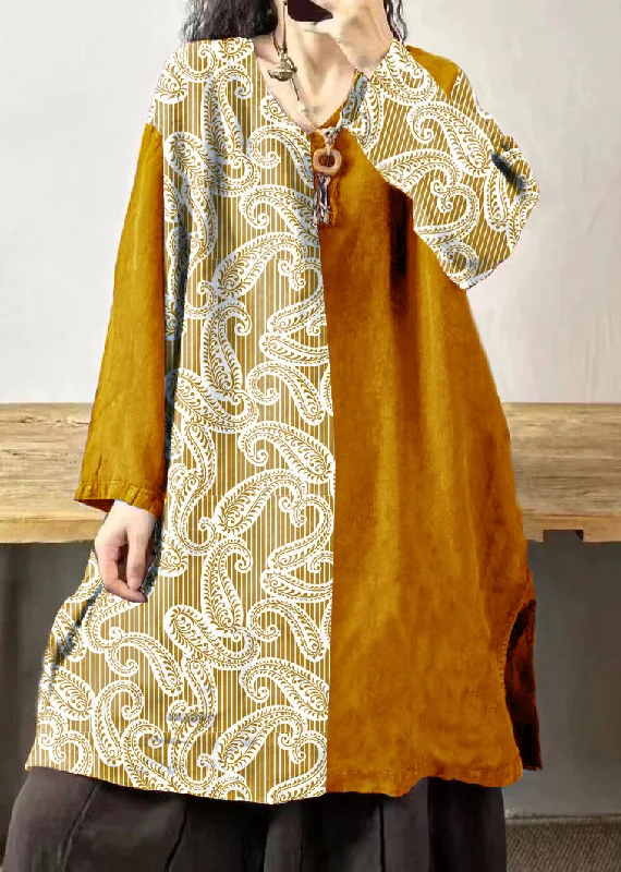 Vintage Yellow stripes V Neck Embroidered Patchwork Linen Mid Dresses Fall