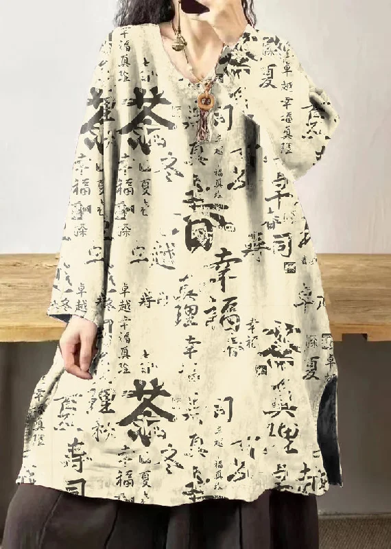 Vintage yellow text V Neck Embroidered Patchwork Linen Mid Dresses Fall