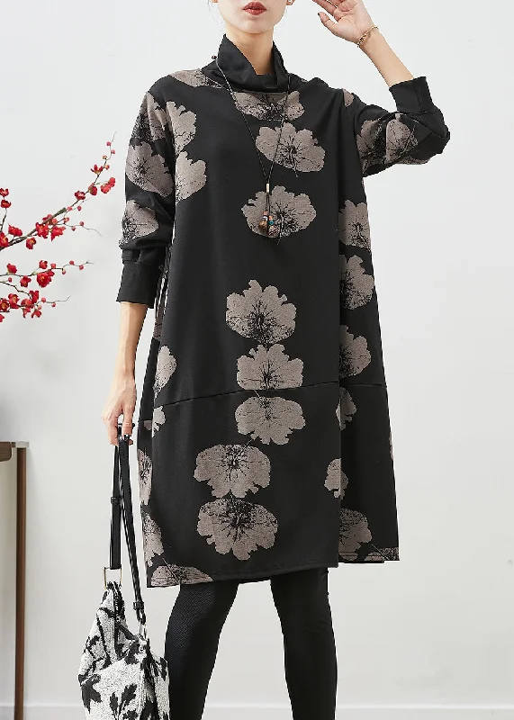 Women Black Turtle Neck Print Cotton Dresses Fall