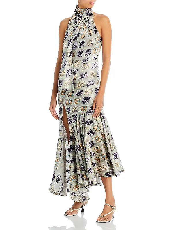 Womens Silk High Neck Halter Dress