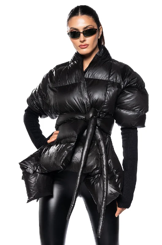 A STEP AHEAD LONG RIBBED SLEEVE PEPLUM PUFFER COAT