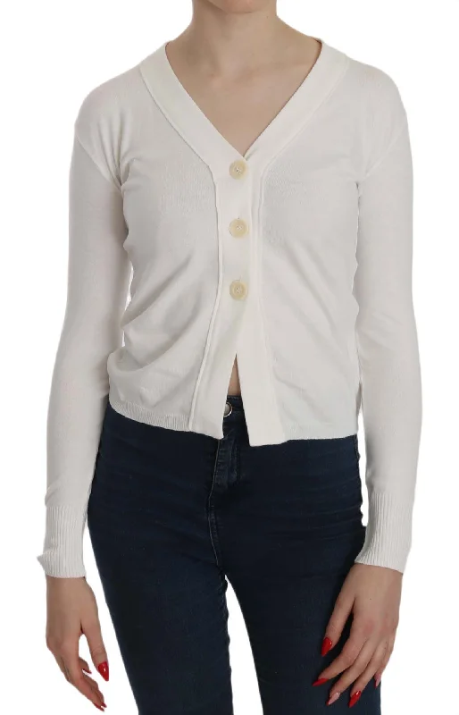 Elegant White V-neck Cropped Cardigan Blouse