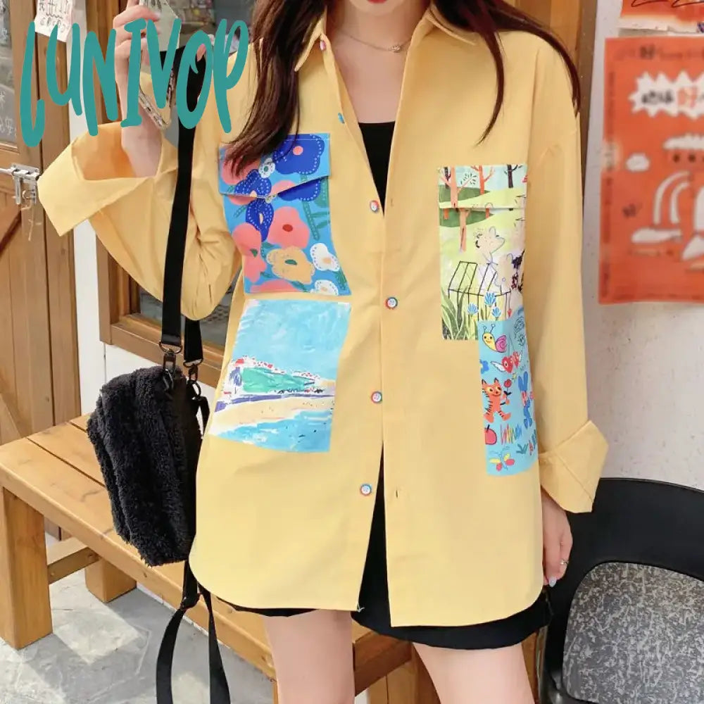 Lunivop Long Sleeve Summer Button Up Shirt for Women Girl Blouse Tops Streetwear Holiday Y2k Vintage Graphic Clothes Loose Cardigan