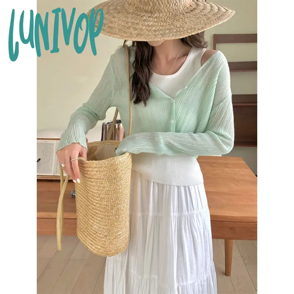 Lunivop Women Cropped Sun Proof Shirts White V Neck Long Sleeve Blouses Summer Korean Fashion Black Sun Protection Cardigan Tops