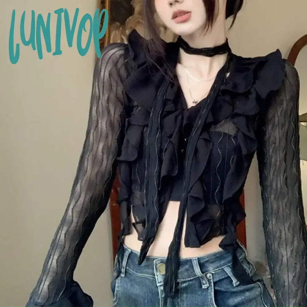 Lunivop Y2k Crop Top Women Lace Blouses  Sexy Gothic GrungeFemale Shirts Elegant Black Transparent Cardigan Korean Streetwear