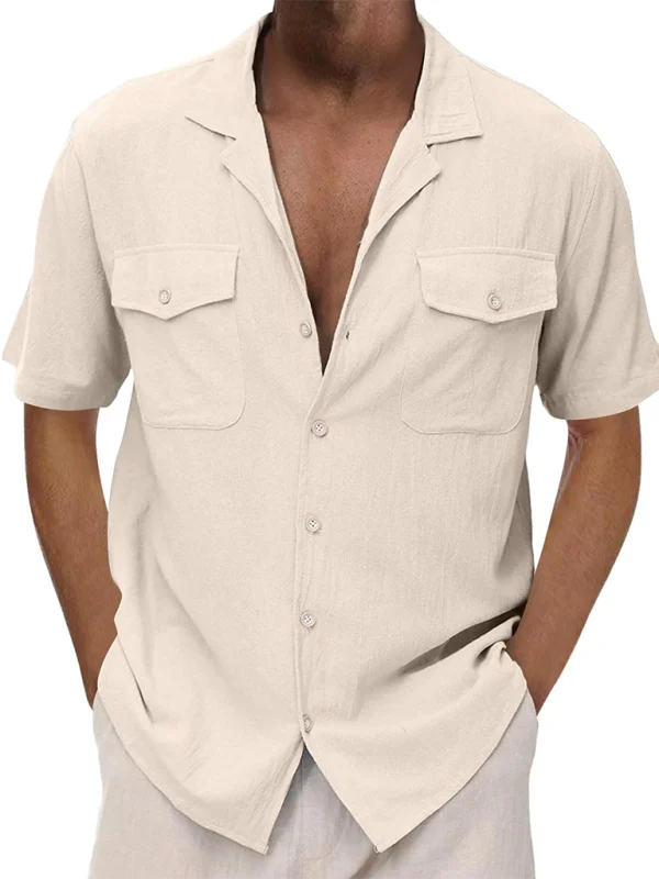 Men's Casual Cardigan Short Sleeve Double Pocket Shirt