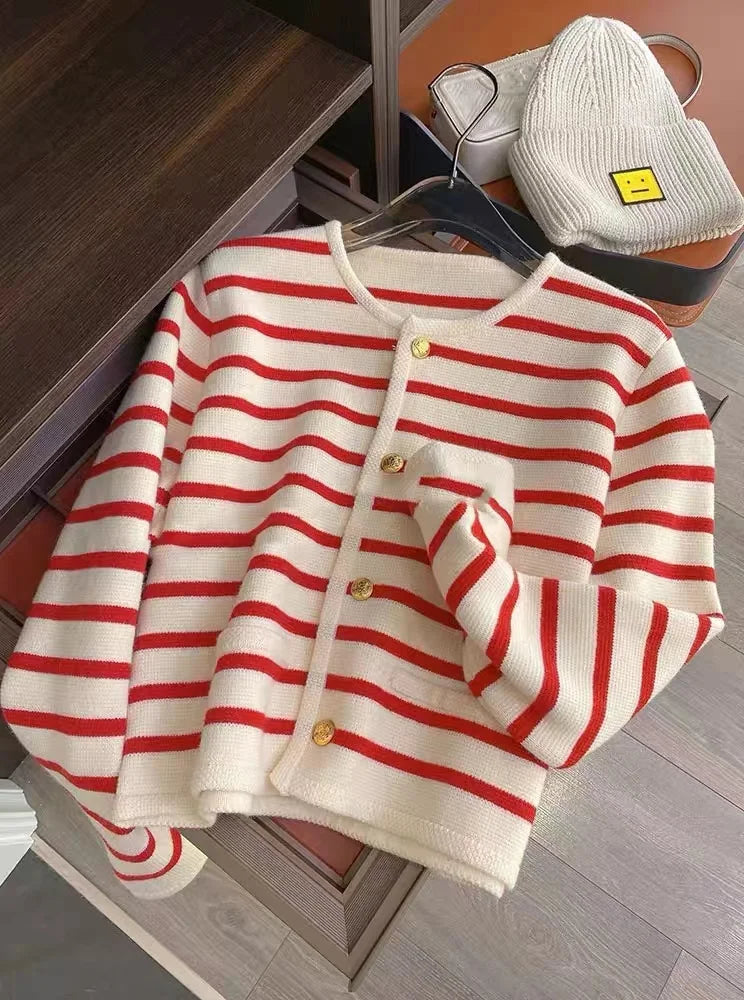 O-neck Long Sleeve Cropped Striped Cardigan