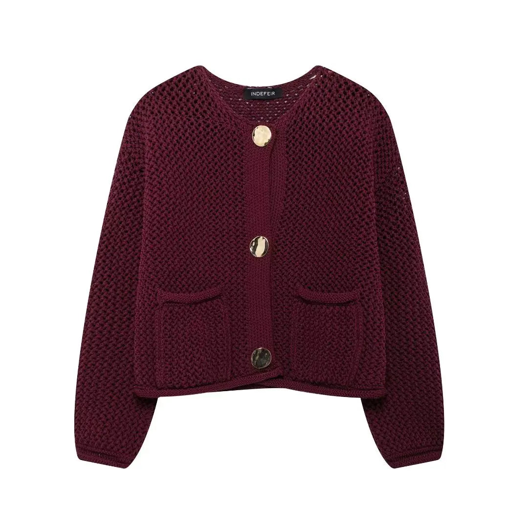 Solid Round Neck Long Sleeve Knitted Cardigan