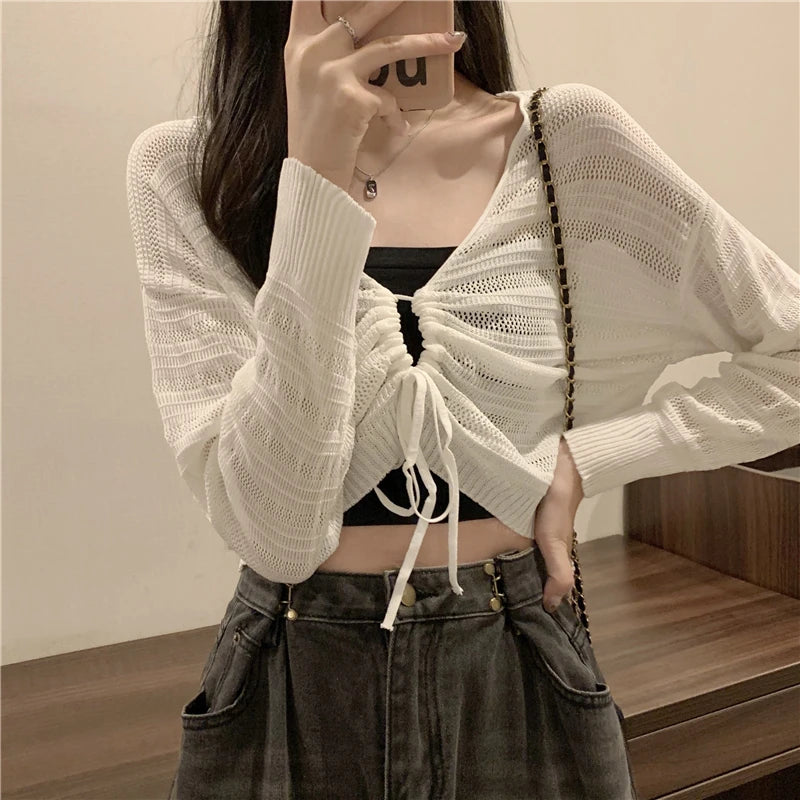 Sweet Lace-Up Knit Cropped Cardigan for Women