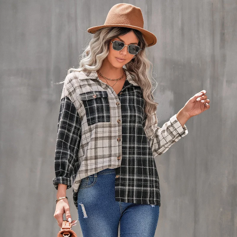 Women's Lapel Plaid Long Sleeve Cardigan Loose Shirt