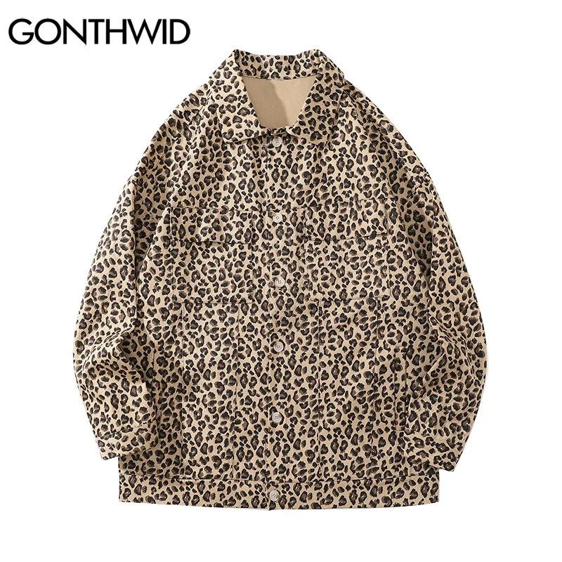 GONTHWID Harajuku Streetwear Shirts Coats Leopard Print Button Blouse Long Sleeve Shirt Casual Hip Hop Loose Mens Tops