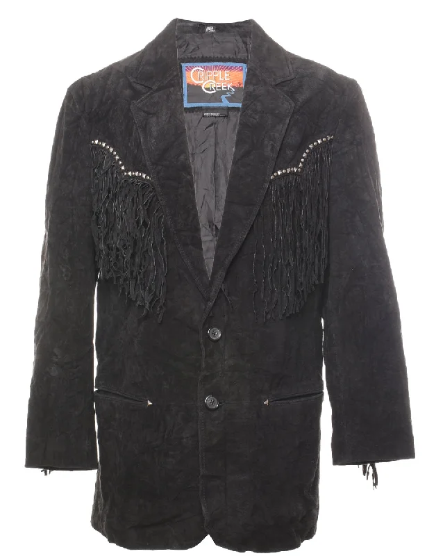 Black Classic Suede Fringed Jacket - M Hooded Jacket Caped Jacket Shawl Collar Jacket Black Classic Suede Fringed Jacket - M Hooded Jacket Caped Jacket Shawl Collar Jacket