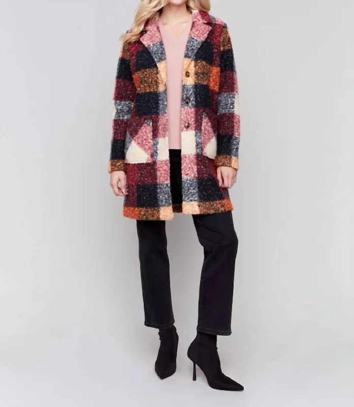 Boucle Plaid Knit Coat In Cabernet