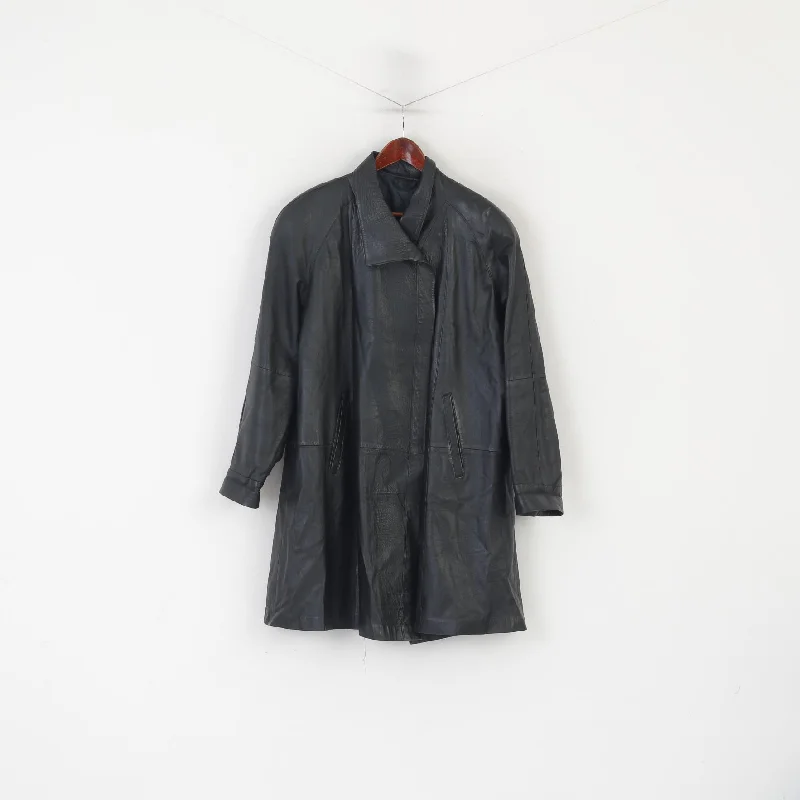Vintage Women XXL Jacket Black Leather Shoulder Pads Hidden Buttons Retro Coat A-Line Jacket Boat Neck Shawl Collar Vintage Women XXL Jacket Black Leather Shoulder Pads Hidden Buttons Retro Coat A-Line Jacket Boat Neck Shawl Collar