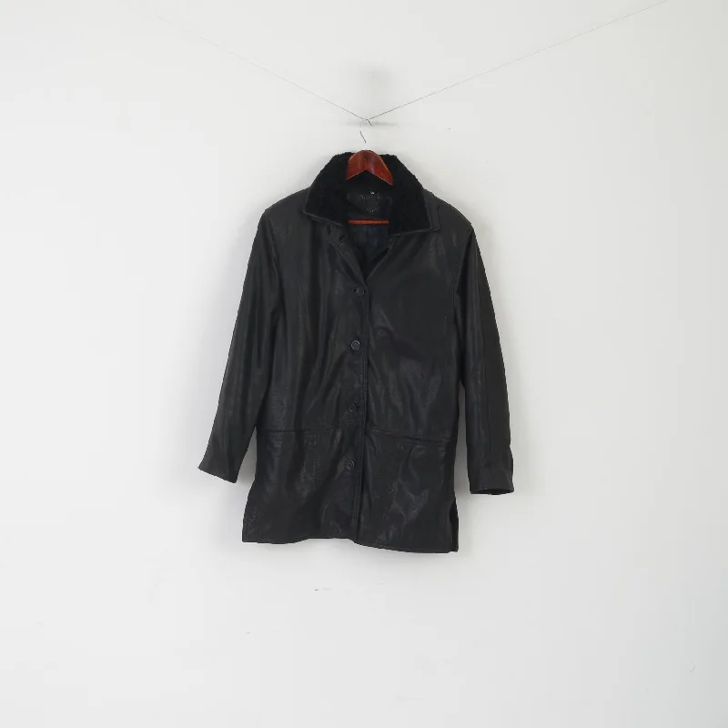 Metra Collection Women L Jacket Black Leather Vintage Removable Lining Shoulder Pads Top Front Pockets Side Pockets Patch Pockets Metra Collection Women L Jacket Black Leather Vintage Removable Lining Shoulder Pads Top Front Pockets Side Pockets Patch Pockets