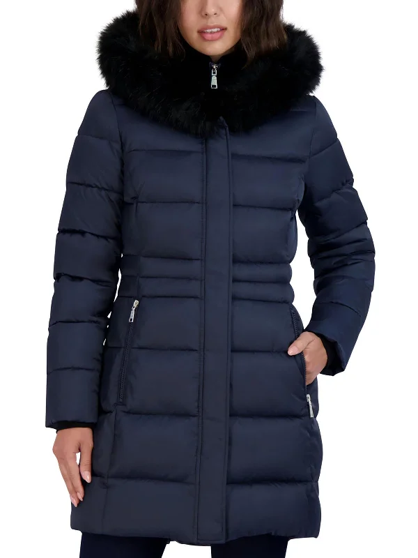 Dana Womens Faux Fur Hooded Puffer Jacket Front Pockets Side Pockets Patch Pockets