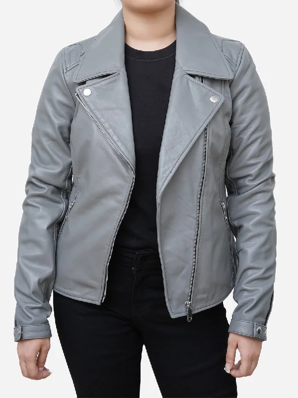 Elizabeth Classic Sheepskin Grey Leather Moto Jacket Front Pockets Side Pockets Patch Pockets Elizabeth Classic Sheepskin Grey Leather Moto Jacket Front Pockets Side Pockets Patch Pockets
