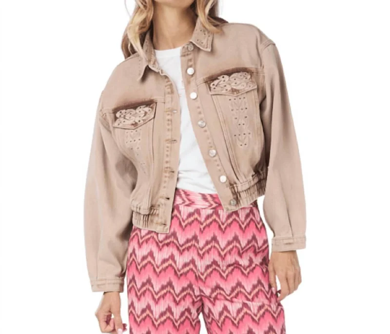 Embellished Jean Jacket In Dark Sand Boat Neck Shawl Collar Notched Collar
