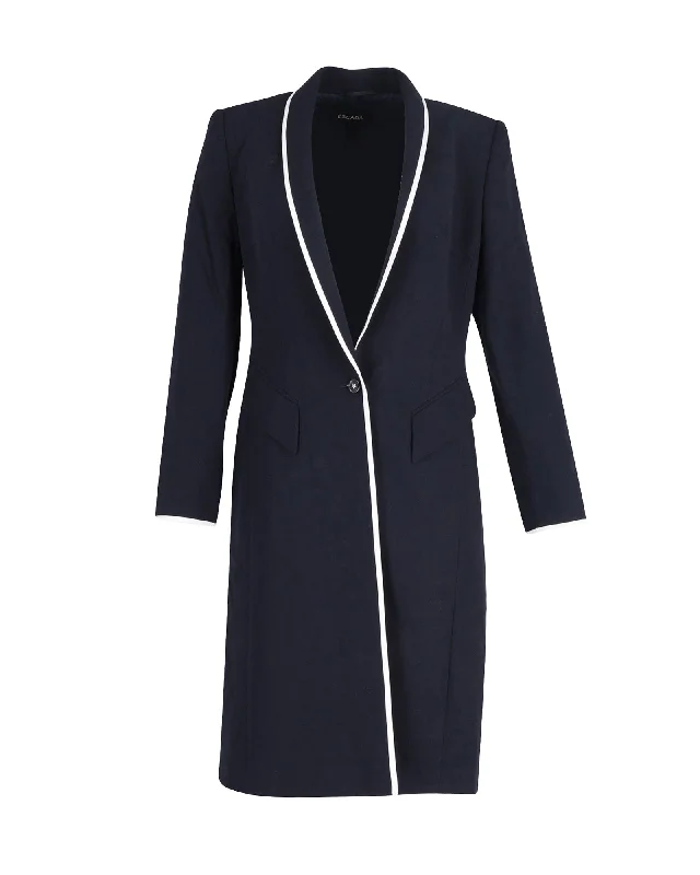 Escada Contrast Piping Long Coat in Navy Wool