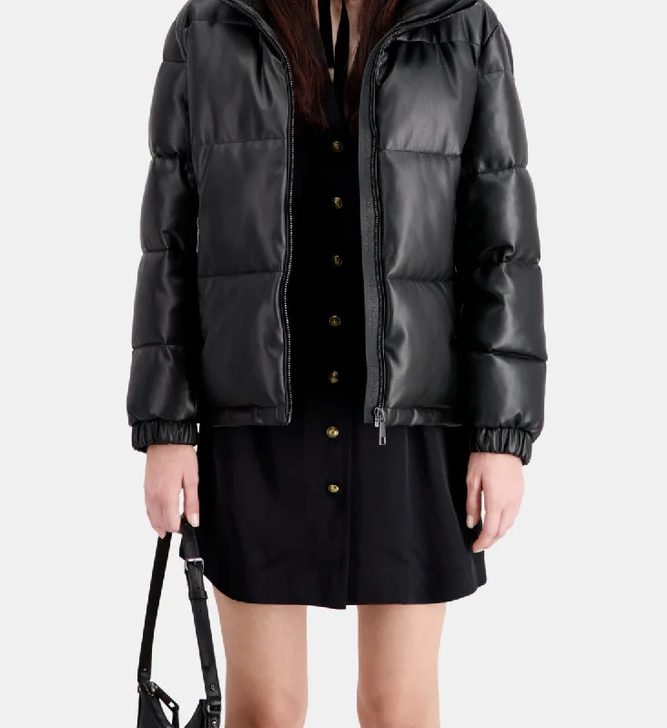 Faux Leather Puffer Jacket Stand-Up Collar Roll-Neck Collar Turtle Neck