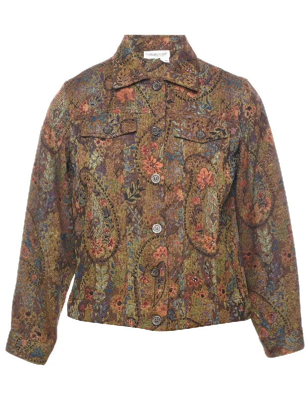 Floral Pattern Tapestry Jacket - XS Stand-Up Collar Roll-Neck Collar Turtle Neck