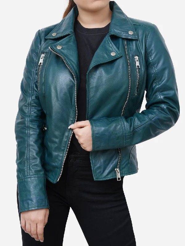 Gabriella Vintage Style Green Leather Biker Jacket Cotton Fabric Linen Fabric Terry Fabric Gabriella Vintage Style Green Leather Biker Jacket Cotton Fabric Linen Fabric Terry Fabric