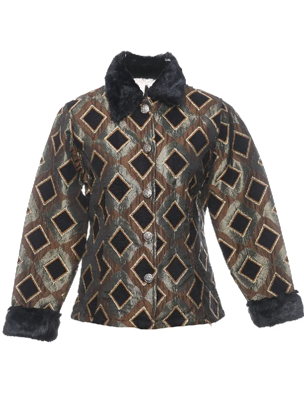 Geometric Pattern Metallic Contrast Trim Evening Jacket - S Wool Fabric Cashmere Fabric Tweed Fabric Geometric Pattern Metallic Contrast Trim Evening Jacket - S Wool Fabric Cashmere Fabric Tweed Fabric