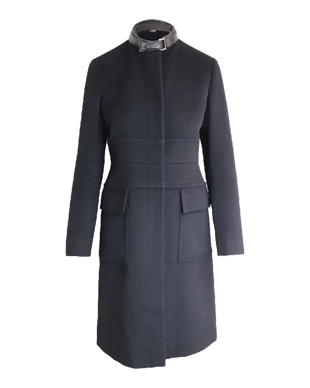 Gucci Leather Collar Coat in Black Wool