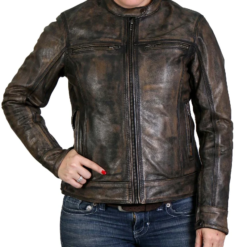 Hot Leathers JKL1024 Women's Distressed Brown Leather Jacket with Conceal and Carry Pockets Belted Jacket Elasticated Jacket Padded Jacket Hot Leathers JKL1024 Women's Distressed Brown Leather Jacket with Conceal and Carry Pockets Belted Jacket Elasticated Jacket Padded Jacket