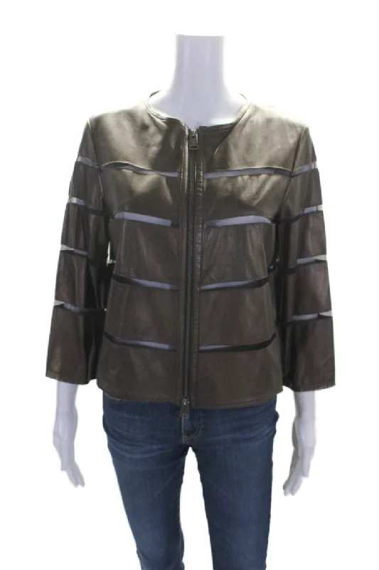 In Transit Women's Round Neck Long Sleeves Full Zip Leather Jacket Brown Elasticated Jacket Padded Jacket Insulated Jacket In Transit Women's Round Neck Long Sleeves Full Zip Leather Jacket Brown Elasticated Jacket Padded Jacket Insulated Jacket