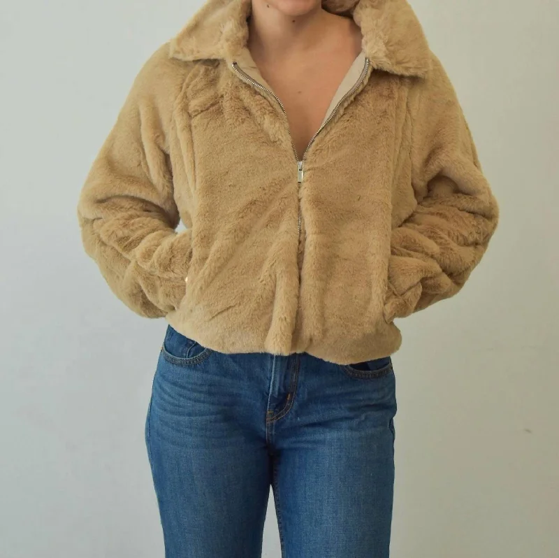 Libby Faux Fur Jacket In Taupe Collared Jacket Crew Neck Jacket Turtle Neck Jacket