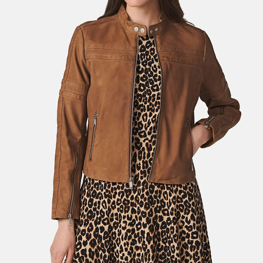 Livia Women's Leather Biker Jacket Front Pockets Side Pockets Patch Pockets