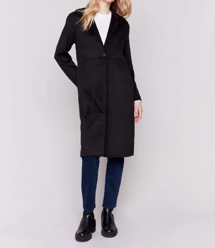Long Double-Faced Coat Jacket In Black Fleece Fabric Down Fabric Feather Fabric