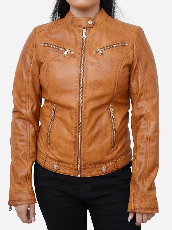 Maria Casual Distressed Brown Leather Biker Jacket Welt Pockets Slit Pockets Flap Pockets Maria Casual Distressed Brown Leather Biker Jacket Welt Pockets Slit Pockets Flap Pockets