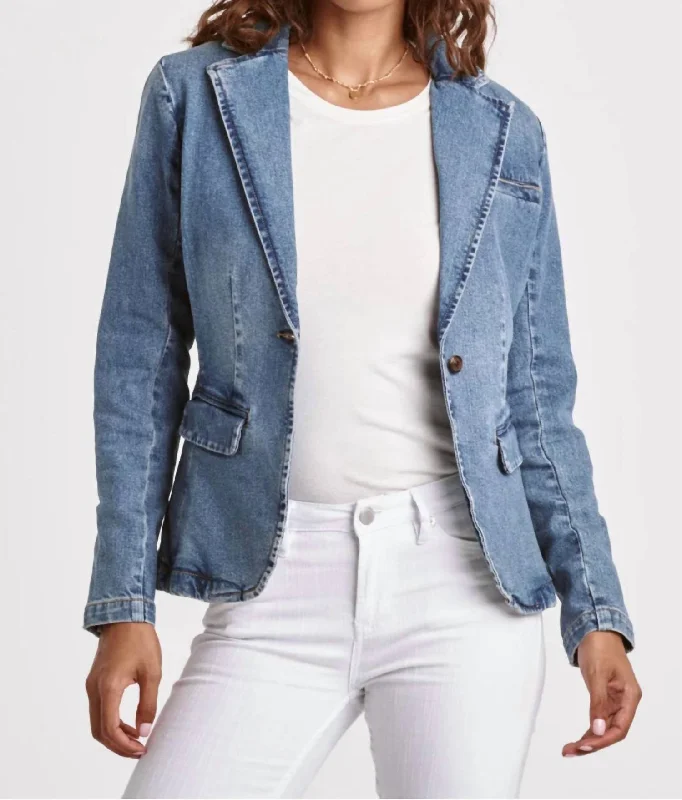 Mica Denim Blazer Jacket In Medium Wash Appliqued Jacket Beaded Jacket Sequined Jacket