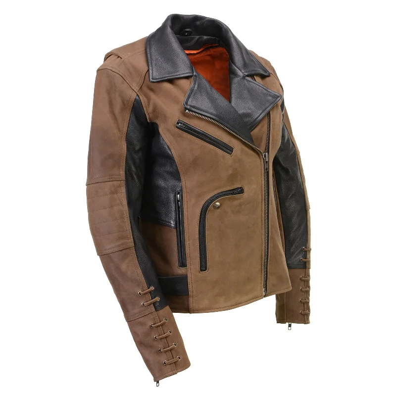 Milwaukee Leather MLL2508 Women's 'Dixie' Vintage Crazy Horse Brown and Black Leather Motorcycle Rider Jacket Snapped Jacket Toggled Jacket Drawstring Jacket Milwaukee Leather MLL2508 Women's 'Dixie' Vintage Crazy Horse Brown and Black Leather Motorcycle Rider Jacket Snapped Jacket Toggled Jacket Drawstring Jacket