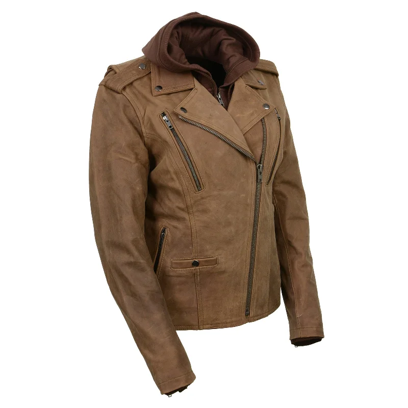 Milwaukee Leather MLL2511 Women's 'Damsel' Vintage Crazy Horse Brown Leather Jacket w/ Removable Hoodie Jersey Jacket Tulle Jacket Batik Jacket Milwaukee Leather MLL2511 Women's 'Damsel' Vintage Crazy Horse Brown Leather Jacket w/ Removable Hoodie Jersey Jacket Tulle Jacket Batik Jacket