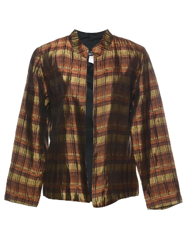 MSK Checked Brown & Green Metallic Evening Jacket - L Stand-Up Collar Roll-Neck Collar Turtle Neck MSK Checked Brown & Green Metallic Evening Jacket - L Stand-Up Collar Roll-Neck Collar Turtle Neck