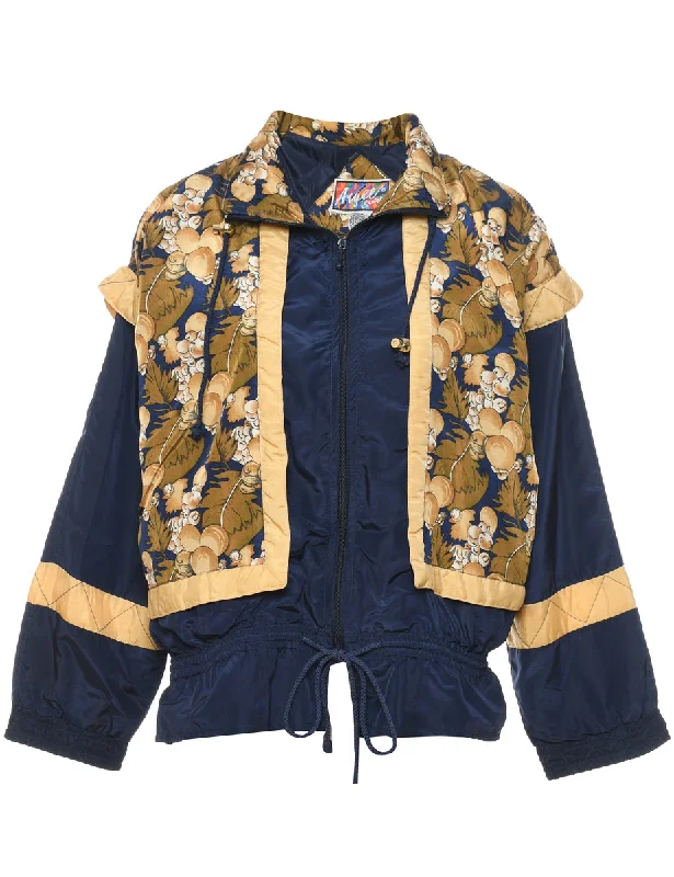 Navy Leafy Print Zip-Front Nylon Jacket - S Stand-Up Collar Roll-Neck Collar Turtle Neck Navy Leafy Print Zip-Front Nylon Jacket - S Stand-Up Collar Roll-Neck Collar Turtle Neck
