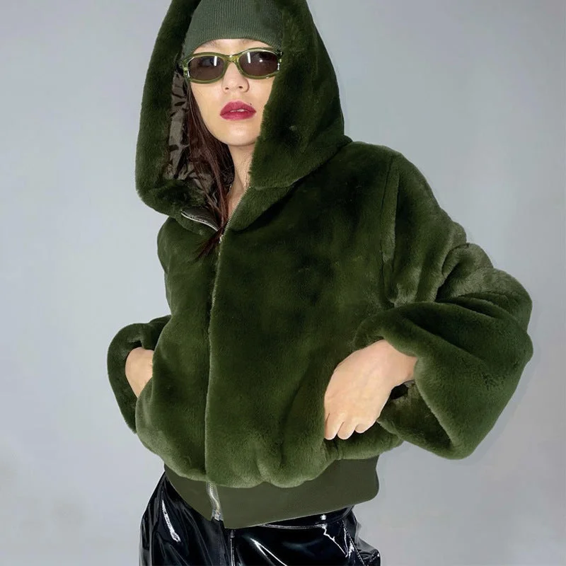 New Winter Fashion Velvet Coats Casual Womens Long Sleeve Zipper  Coats Women Army Green Womens Hooded Coats