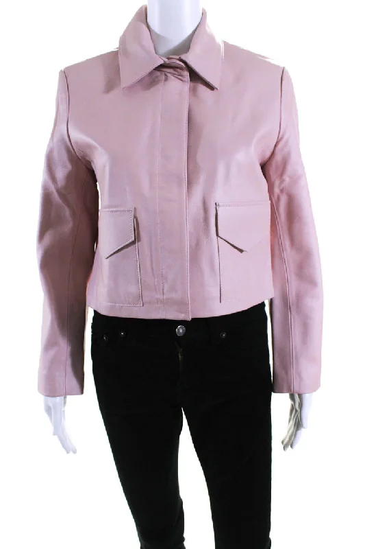 Nour Hammour Womens Full Zip Collared Cropped Leather Jacket Pink Insulated Jacket Fitted Jacket Loose Jacket Nour Hammour Womens Full Zip Collared Cropped Leather Jacket Pink Insulated Jacket Fitted Jacket Loose Jacket