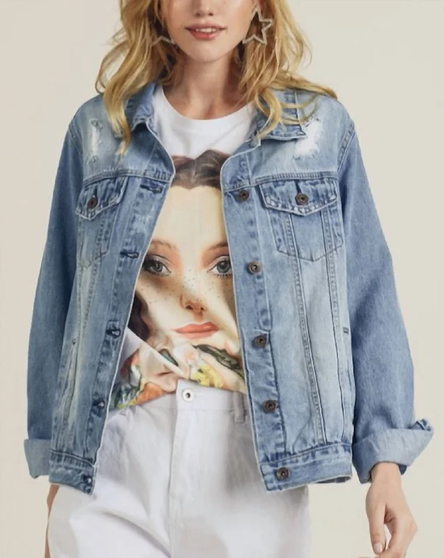 Relaxed Vintage Distressed Jacket In Medium Wash Front Pockets Side Pockets Patch Pockets Relaxed Vintage Distressed Jacket In Medium Wash Front Pockets Side Pockets Patch Pockets